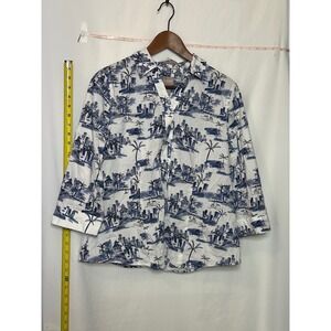 Chico's Size 1 White‎ Blue Cityscape Palm Tree Print Wrinkle Resistant Shirt